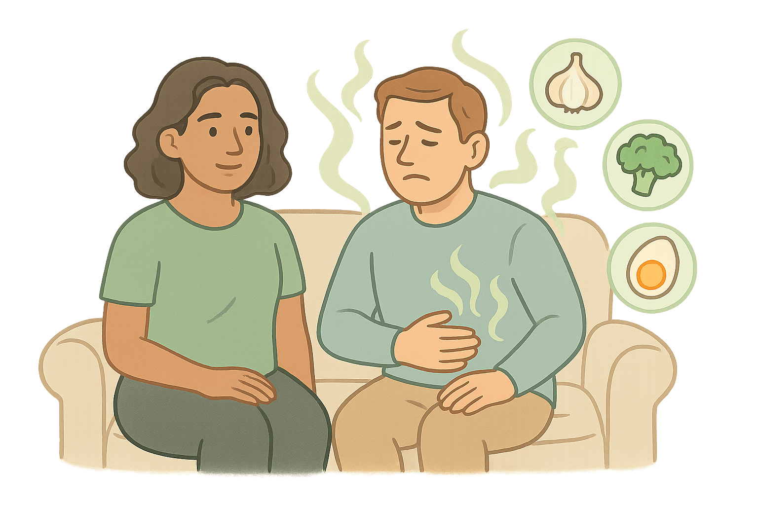 Person with stomach discomfort, smell wisps, and callouts of garlic, broccoli, and egg as possible sulfur sources